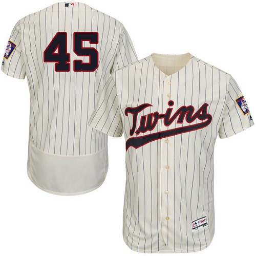Twins #45 Phil Hughes Cream Strip Flexbase Authentic Collection Stitched MLB Jersey - Click Image to Close